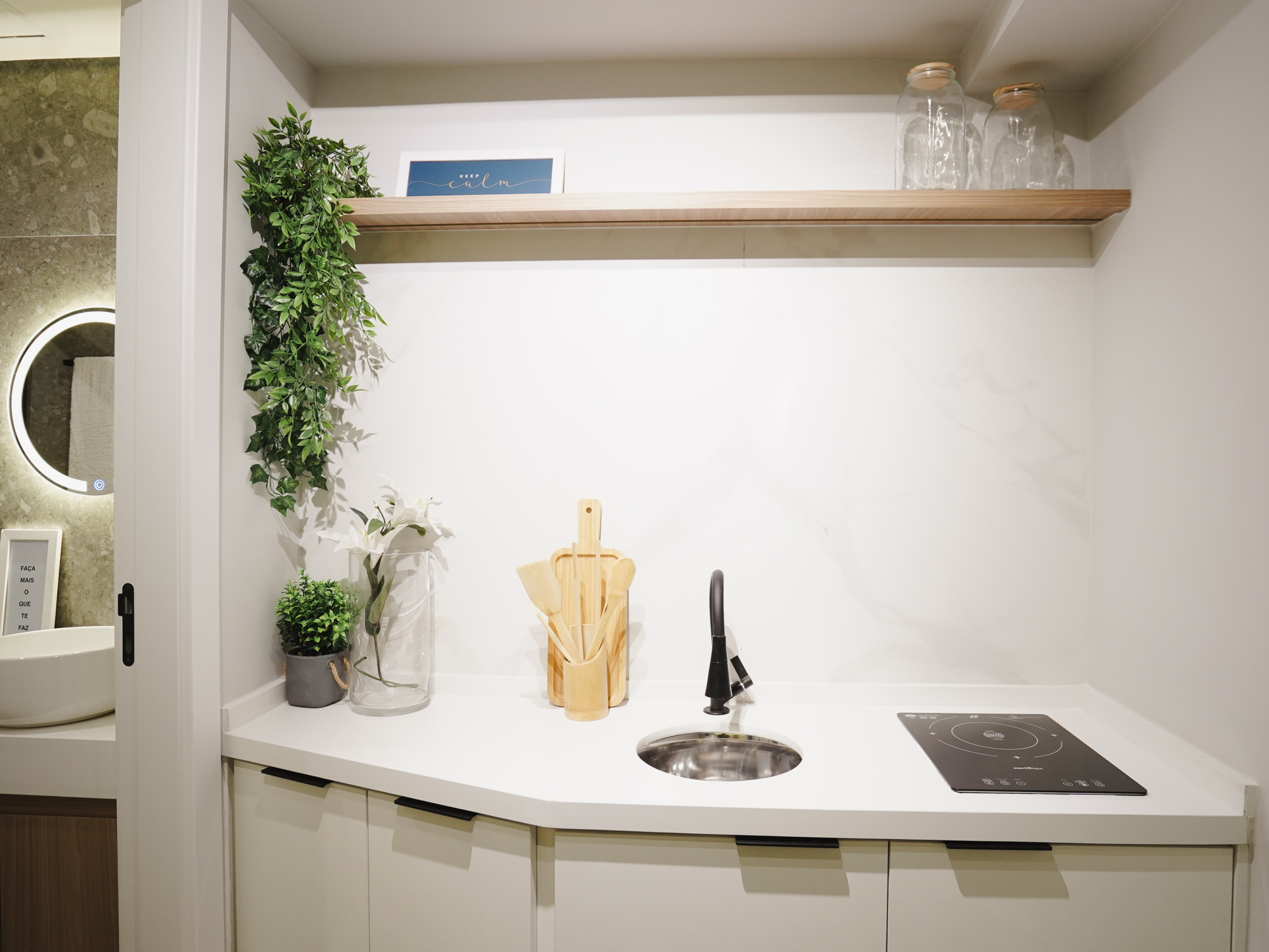 Cantinho de cozinha compacto e branco com pia, bancada, prateleiras e vasos de plantas.