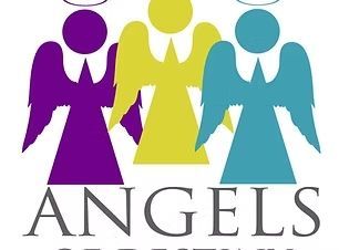 Three stylized angels in purple, yellow, and blue with halos and wings, text