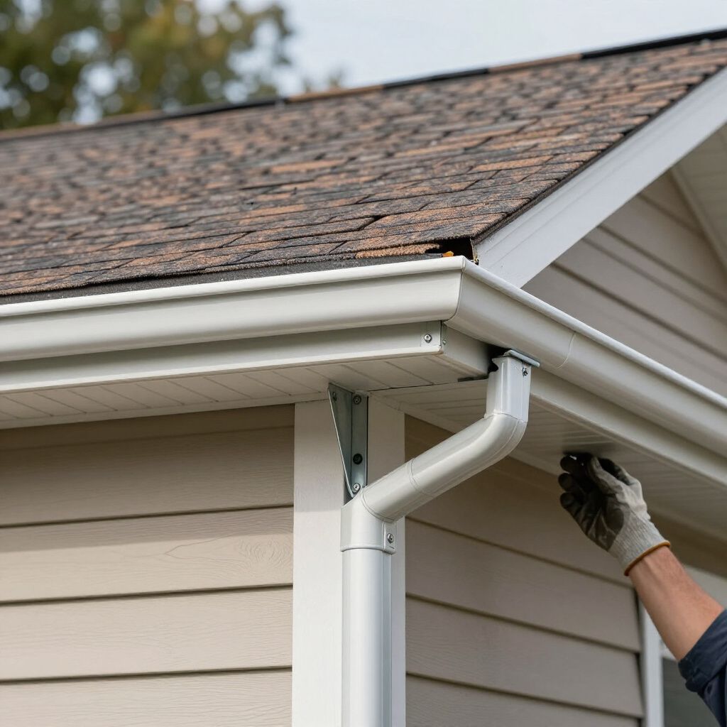 Installing white guttering on a house with brown roof and beige siding.
