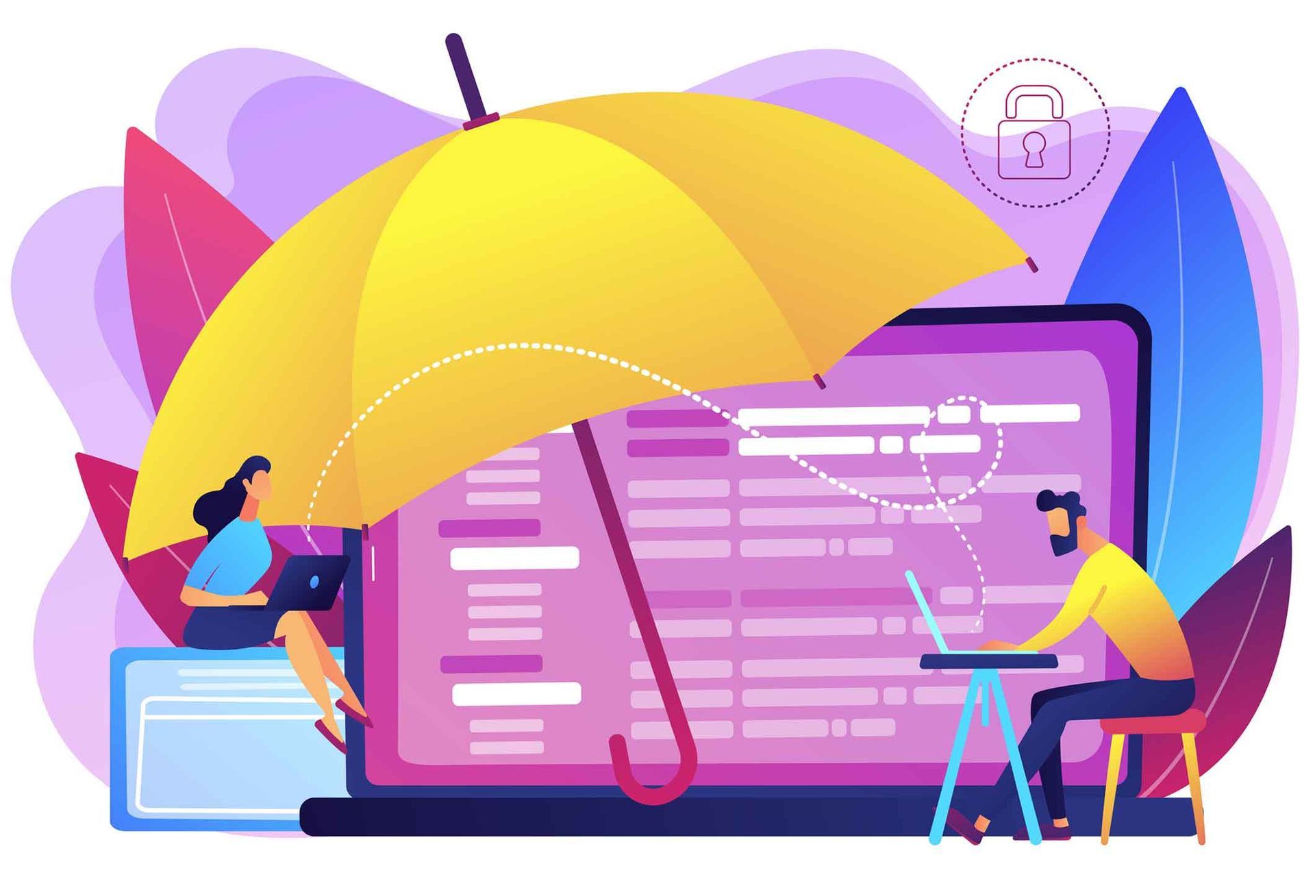 A man and a woman are sitting under an umbrella in front of a laptop.