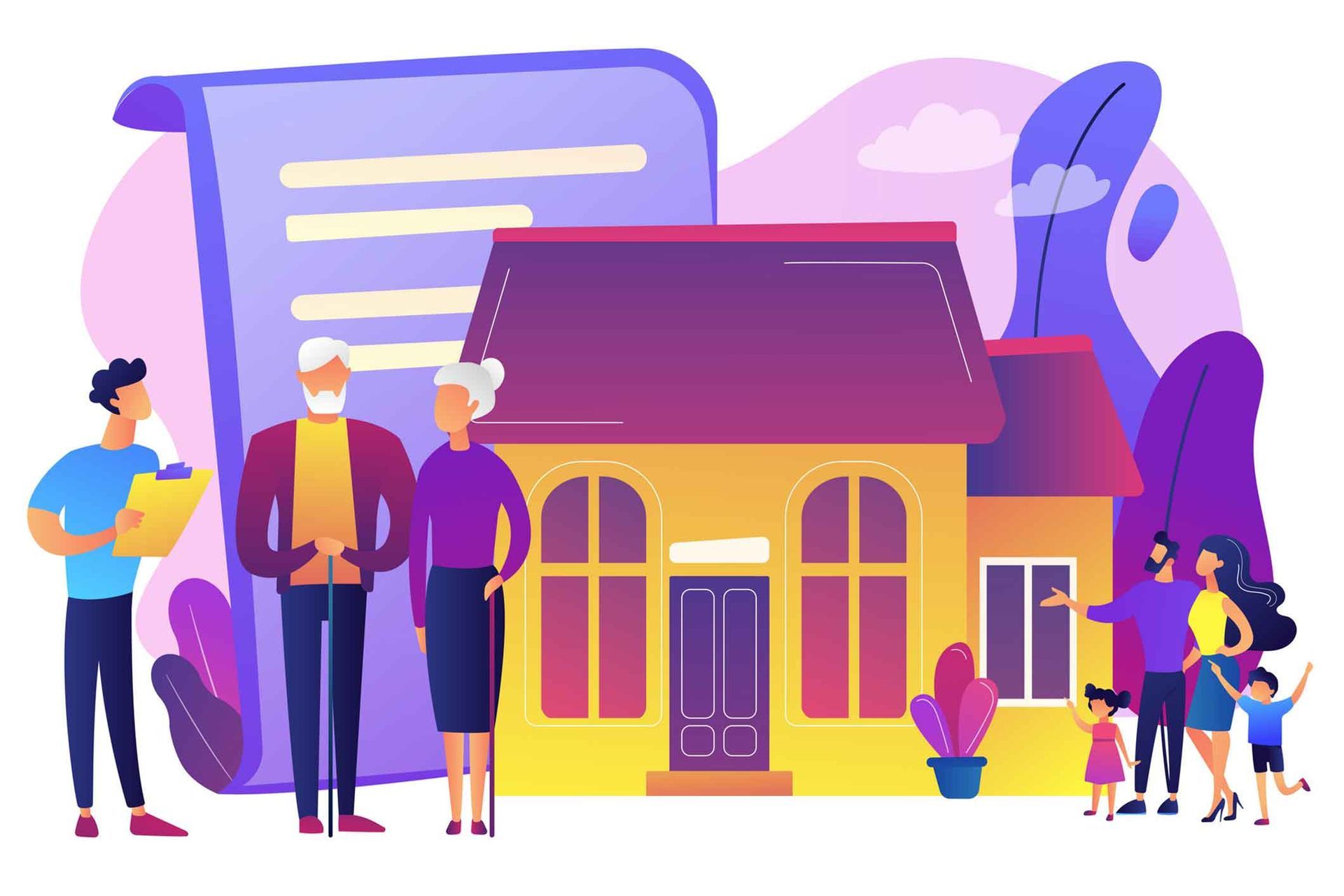 A group of people are standing in front of a house.