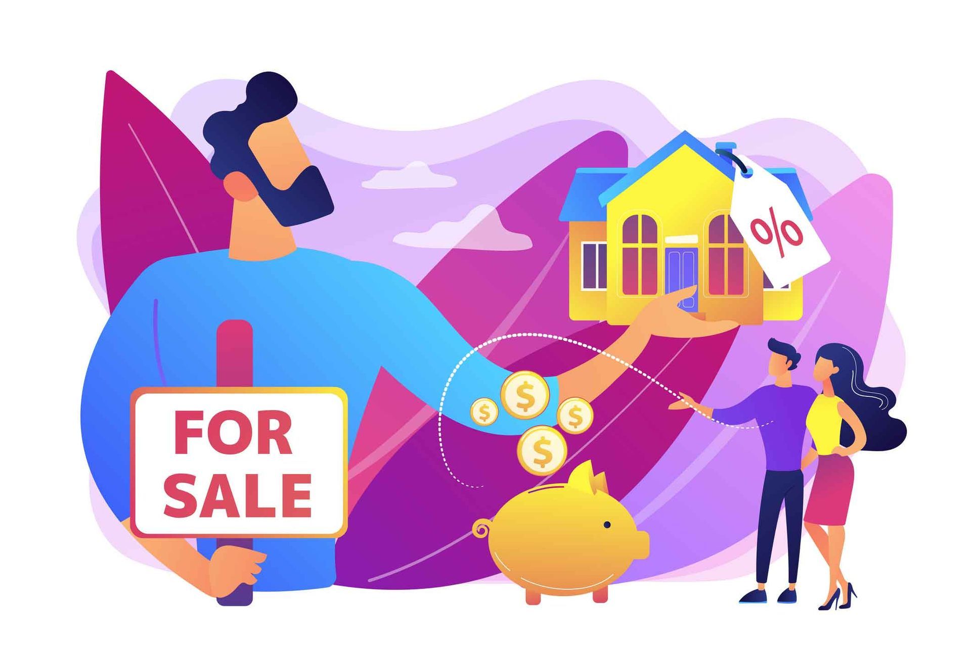 A man is holding a for sale sign next to a piggy bank and a house.