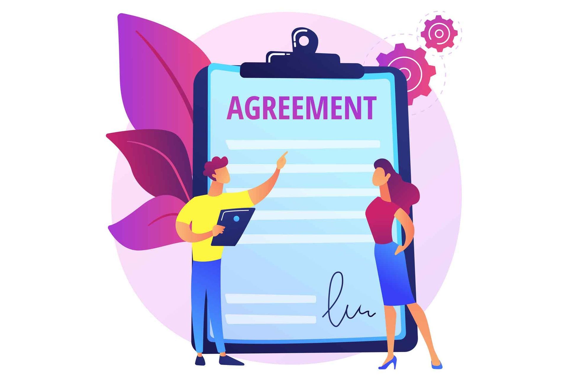 A man and a woman are signing an agreement on a clipboard.