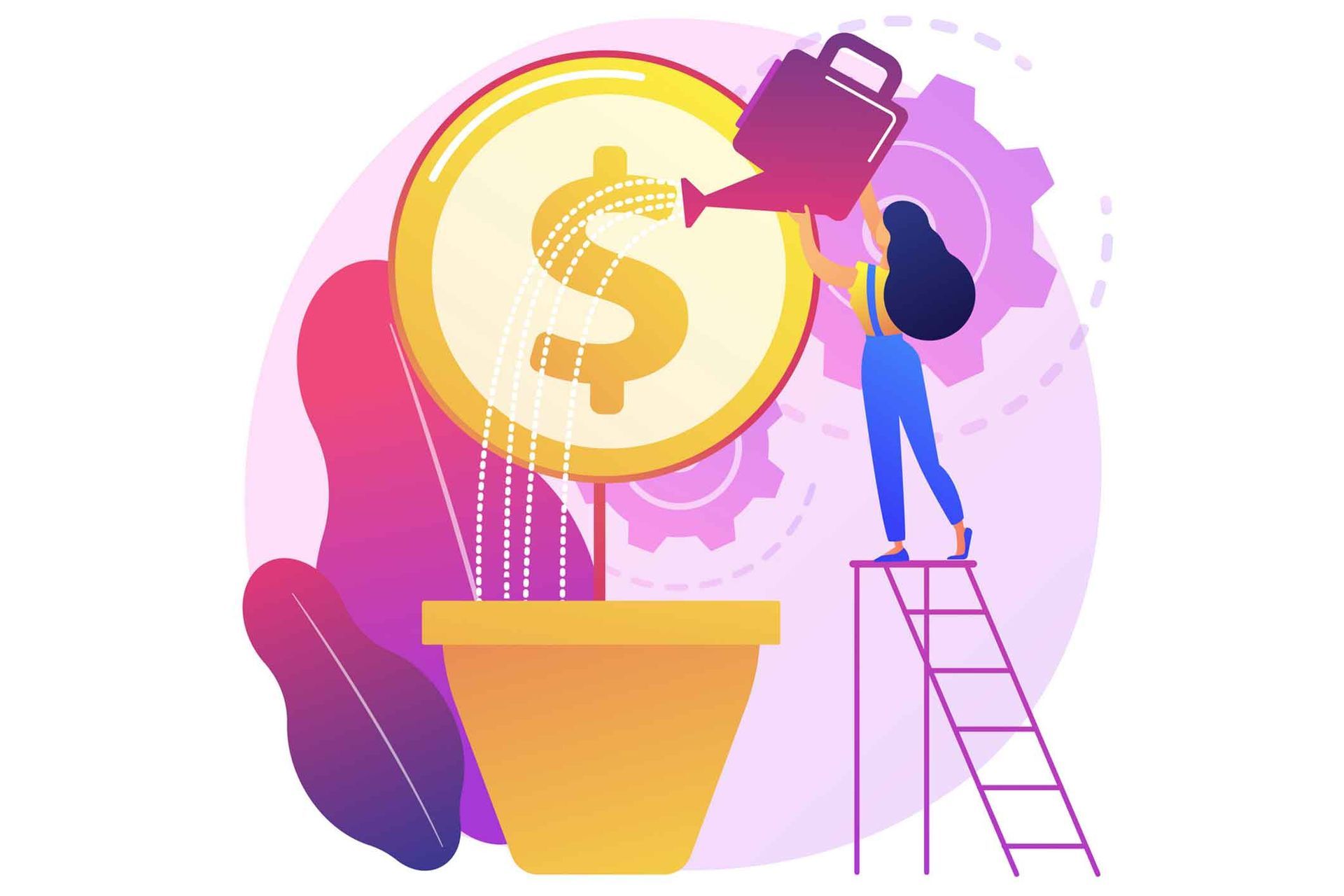 A woman is watering a dollar sign with a watering can.