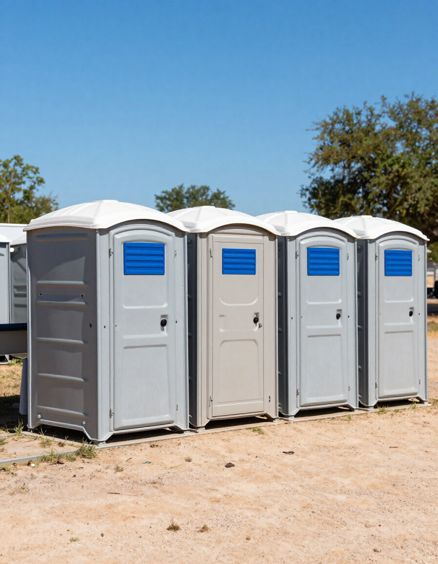 Four gray portable toilets lined up outdoors on a sunny day, with trees and blue sky in the background