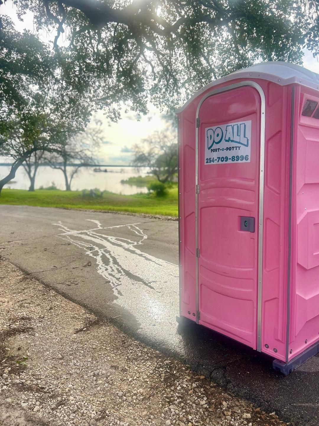 Pink portable toilet by a wet roadside near a lake and trees at sunrise