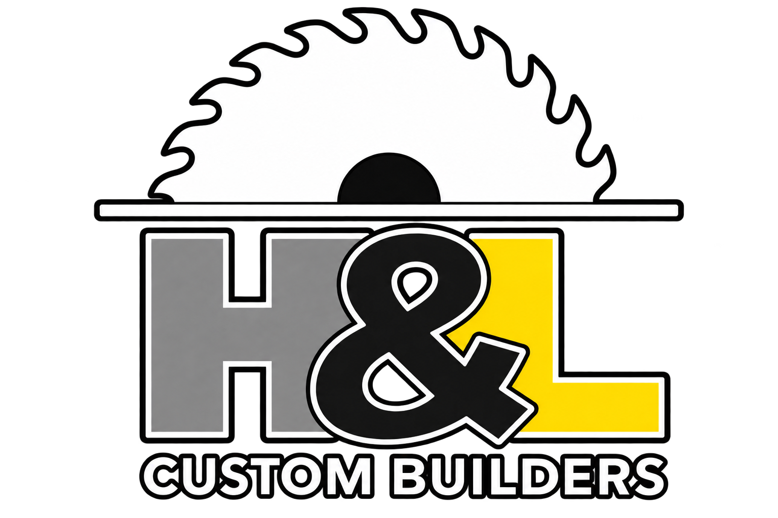 H&L Custom Builders logo with gray, black, and yellow letters beneath a circular saw blade