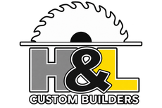 H&L Custom Builders logo with gray, black, and yellow letters beneath a circular saw blade