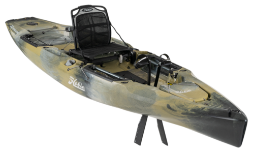 A kayak with a seat and a steering wheel on a white background.