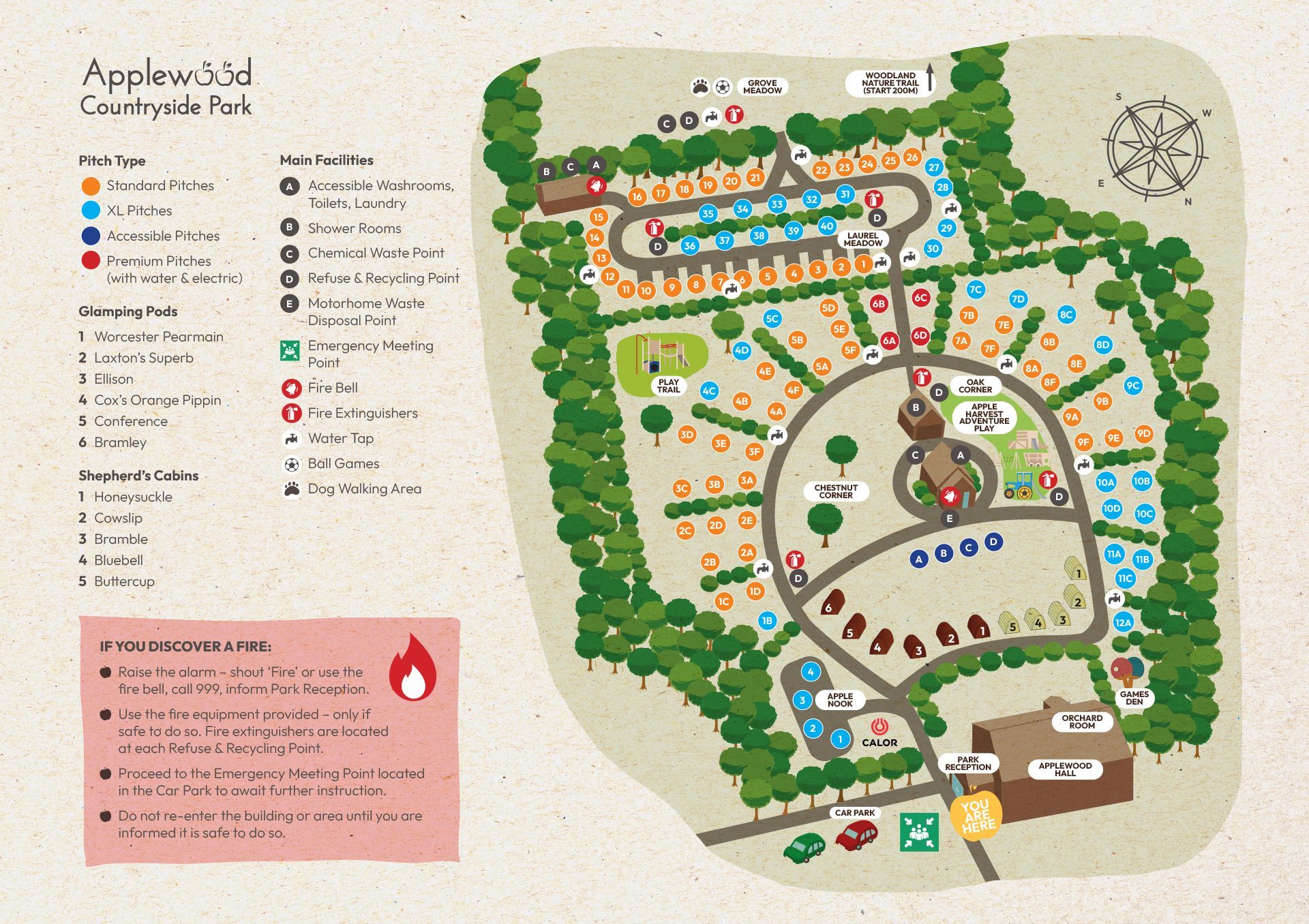 Campground map with marked campsites, buildings, and amenities; offers free WiFi.
