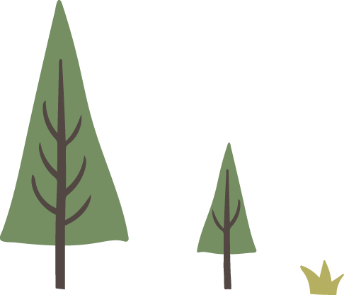 Two stylized green trees and a patch of yellow grass.