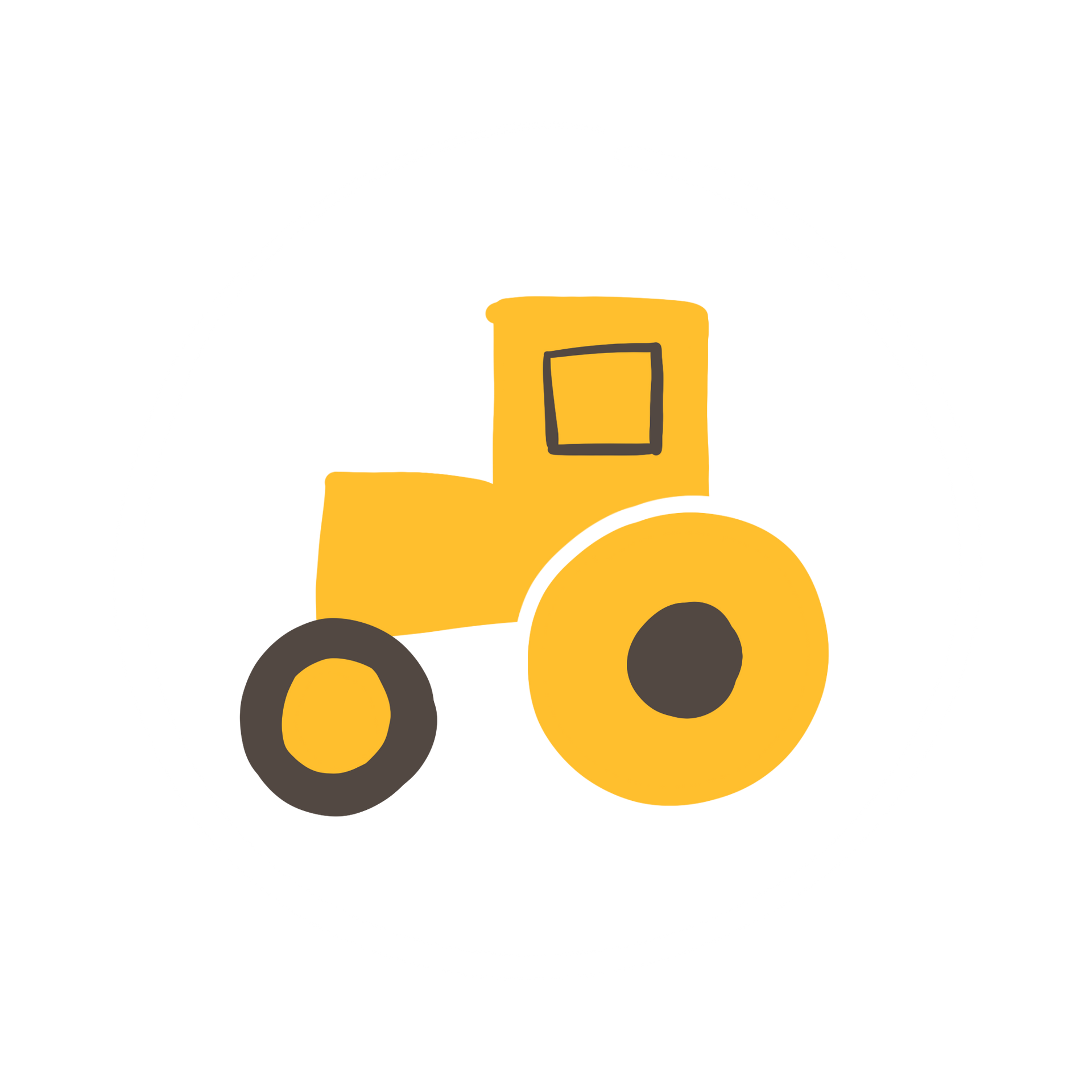 Yellow tractor with black wheels, on a white background.