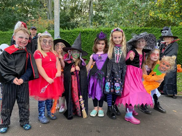 Children in Halloween fancy dress at Applewood Countryside Park during October half term.