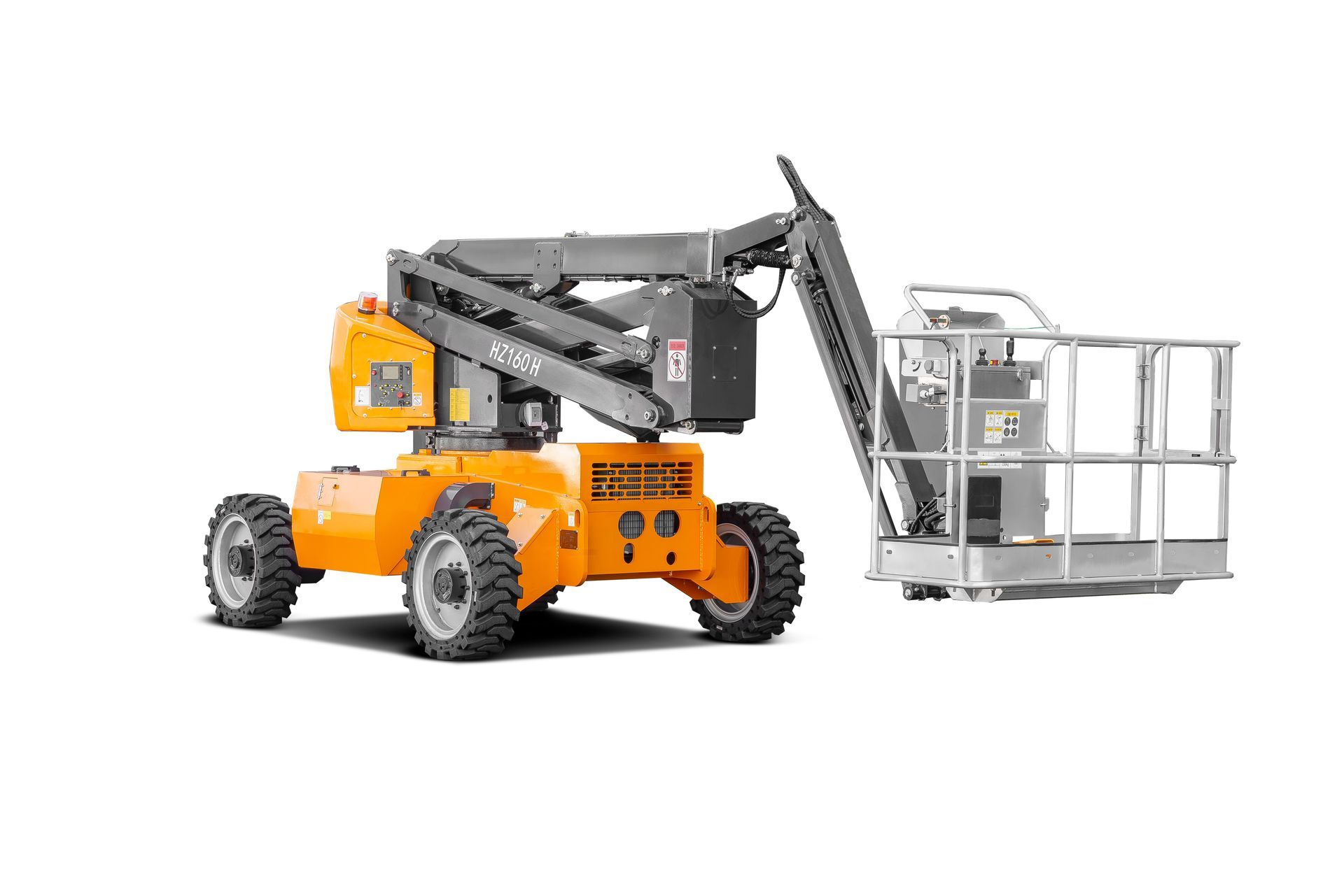 A yellow and gray aerial lift with a basket attached to it on a white background.