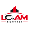 Logo di LC&AM Servizi in nero, rosso e bianco con edifici stilizzati sopra il testo.