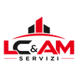 Logo di LC&AM Servizi in nero, rosso e bianco con edifici stilizzati sopra il testo.