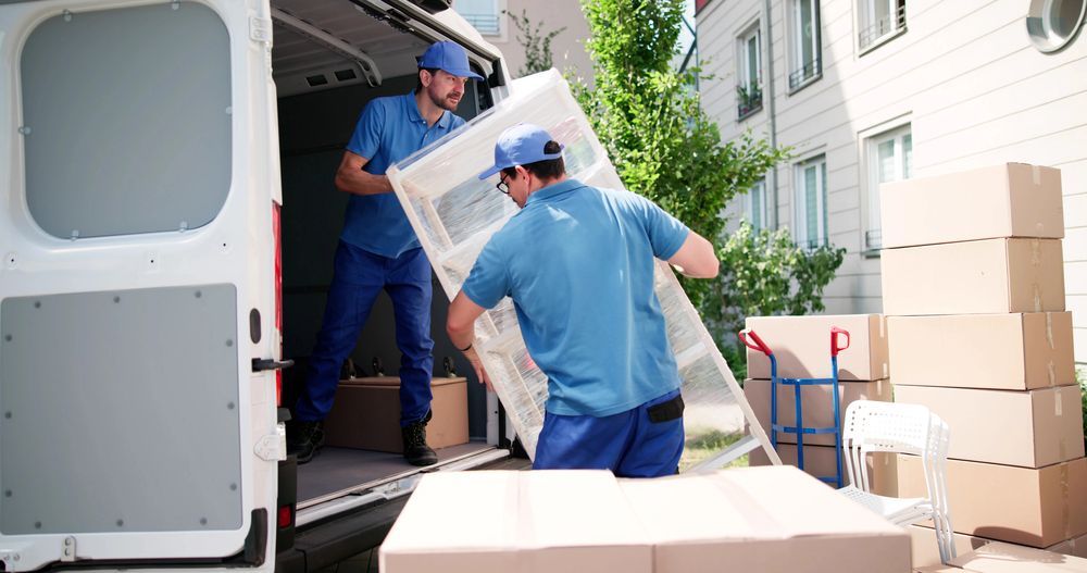 Traslocatori che caricano scatoloni su un camion davanti a un condominio.