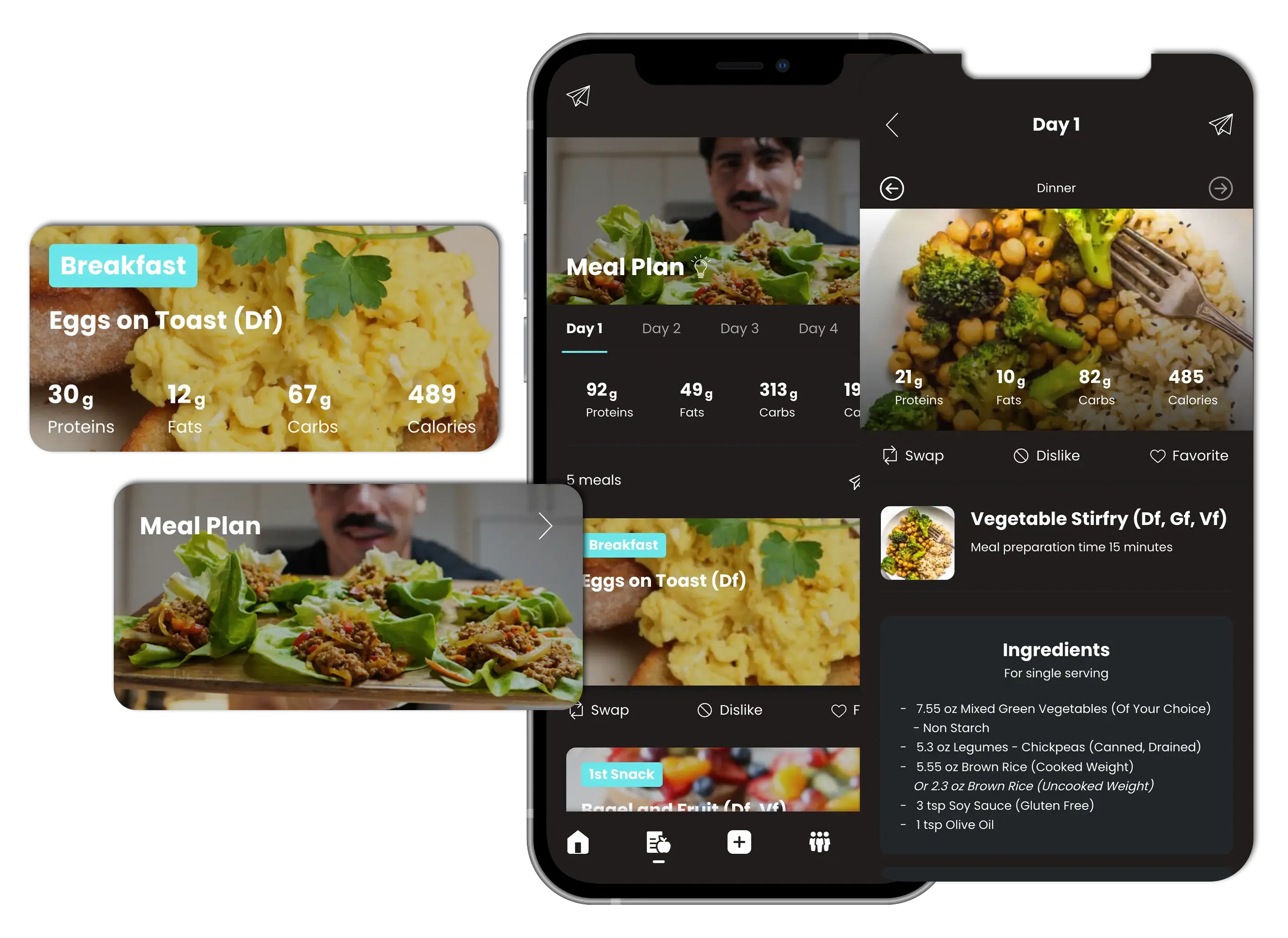 Smartphone app showing meal plan with food images and nutrition information.