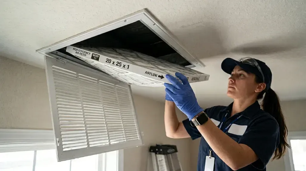 A close-up of a technician installing a fresh, high-efficiency air filter into a ceiling return vent