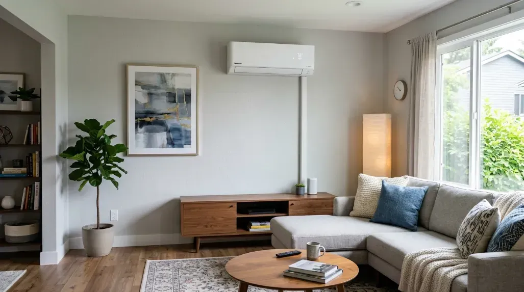 A modern, sleek ductless mini-split unit mounted efficiently on a living room wall