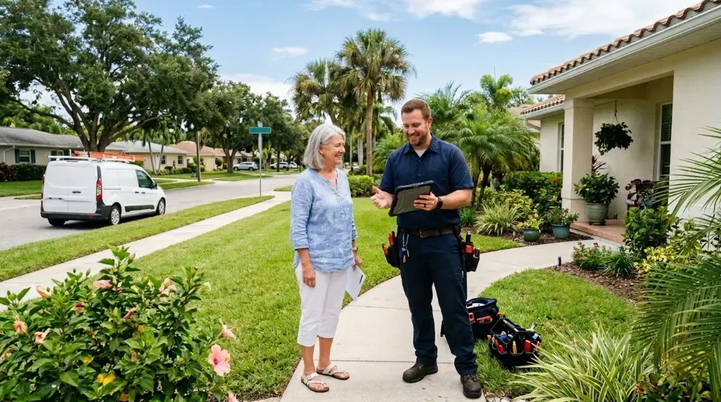 A uniformed technician speaking with a homeowner in a sunny Bradenton residential neighborhood