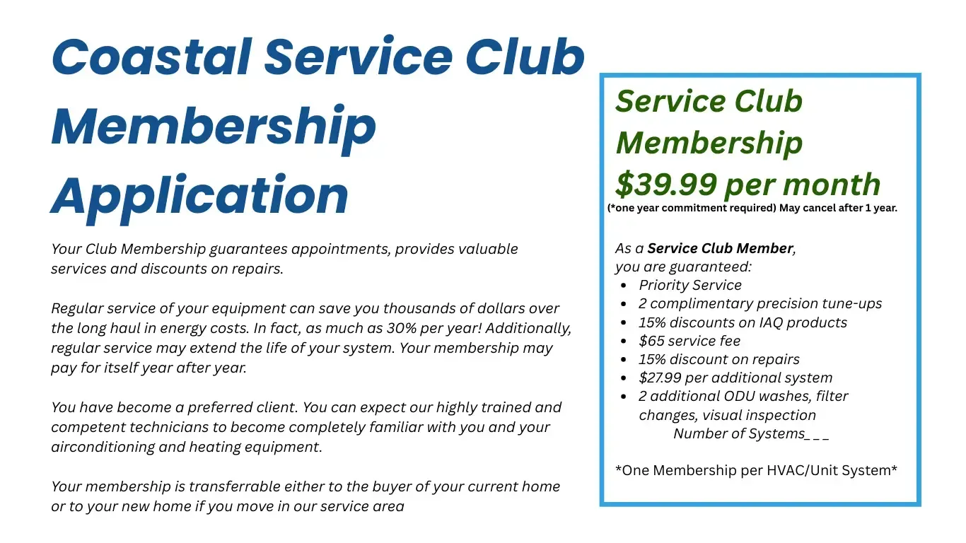 Coastal Service Club membership application with a monthly fee of $39.99.