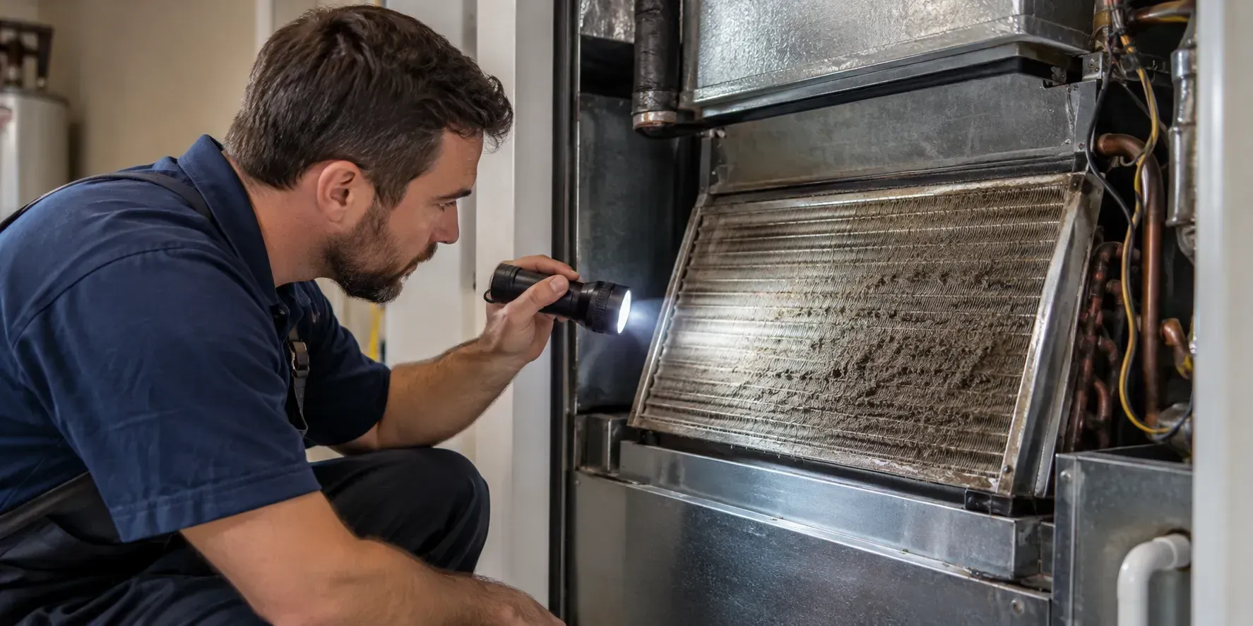 HVAC technician inspecting a dirty indoor evaporator coil with a flashlight
