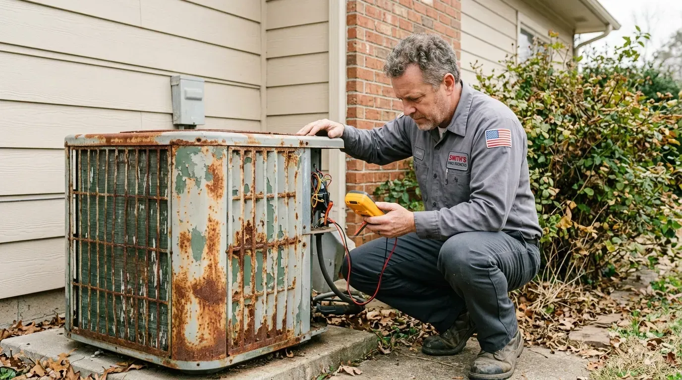 HVAC technician inspecting an old, rusted outdoor air conditioning condenser.