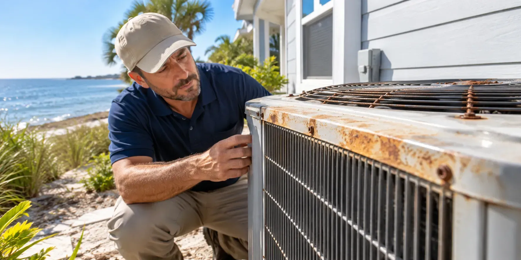 Outdoor AC unit showing early corrosion near a coastal home, with a technician inspecting the rusted exterior.