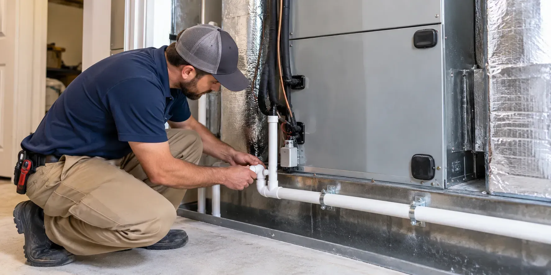 HVAC technician inspecting the condensate drain line on a clean indoor air handler unit.
