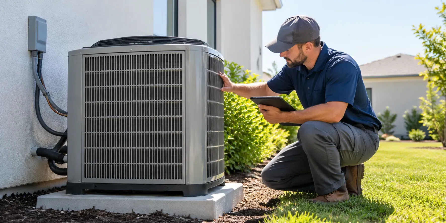 Professional HVAC technician inspecting a newly installed outdoor air conditioning condenser beside a modern home.