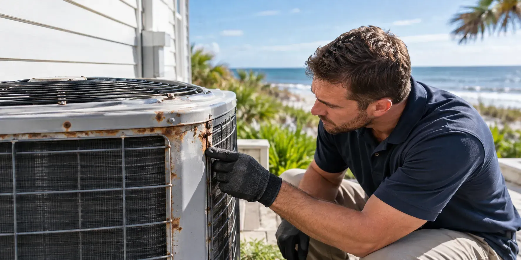 Outdoor AC unit showing early corrosion near a coastal home with technician examining it.