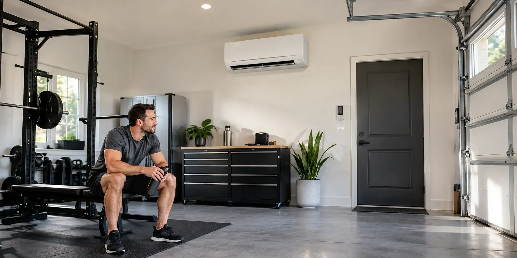 Mitsubishi mini split indoor air conditioning unit mounted high on the wall of a modern converted garage with a closed garage door, home gym equipment, and organized storage cabinets.