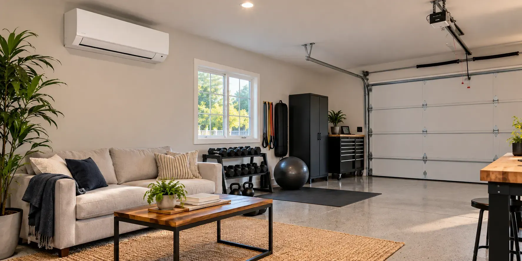 Wall-mounted mini split AC in a modern converted garage with a closed door.
