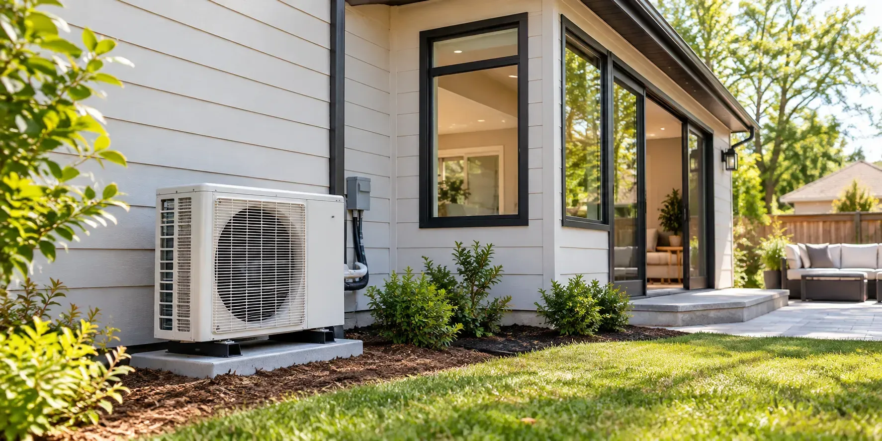 Compact outdoor Mitsubishi mini split condenser unit installed beside a modern home addition with white siding, large windows, and landscaped surroundings.