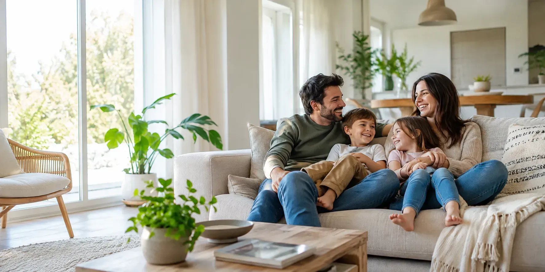 Family relaxing together in a bright, modern living room with natural light and indoor plants.