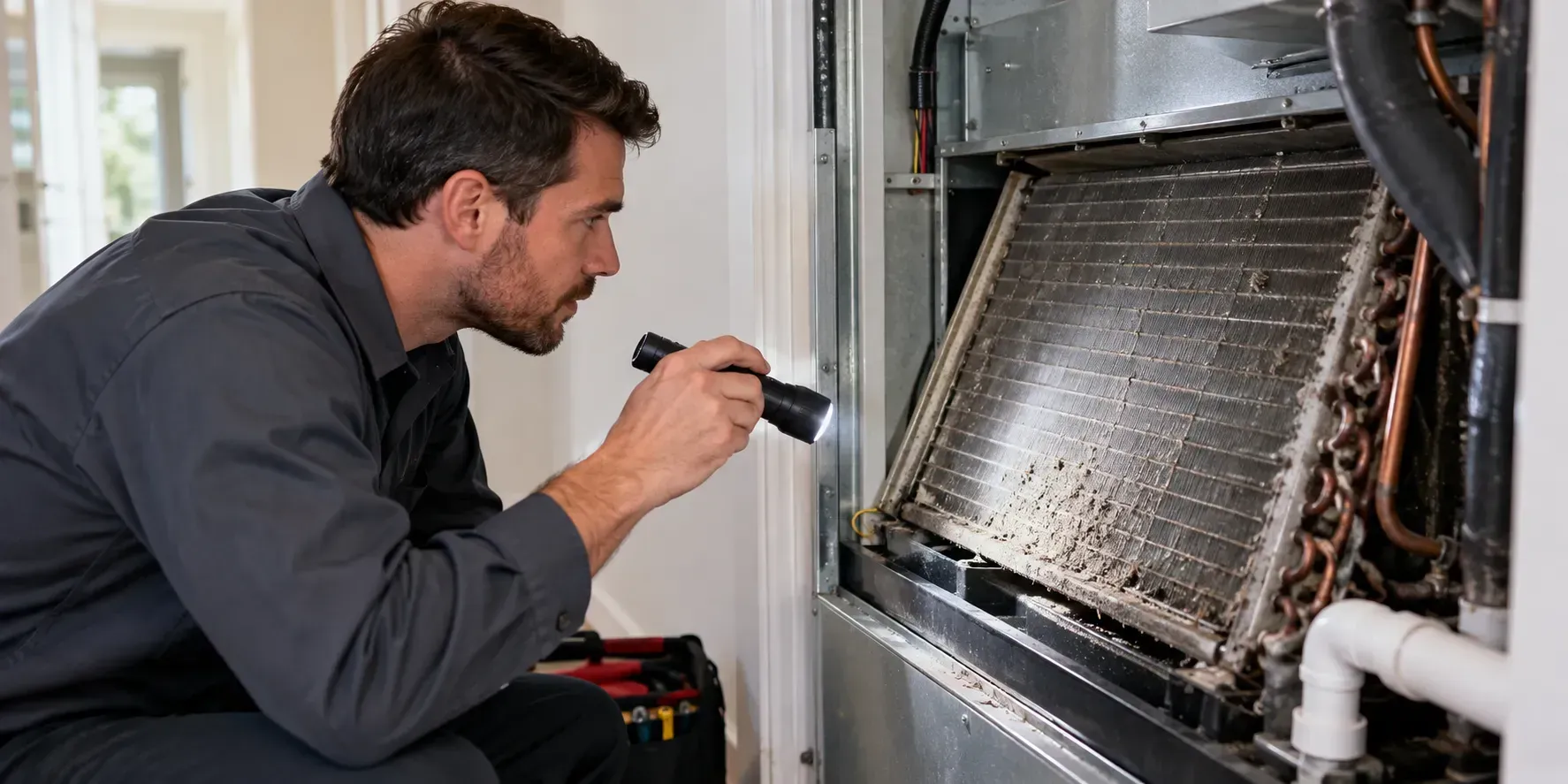 HVAC technician inspecting a dirty indoor evaporator coil with a flashlight during service