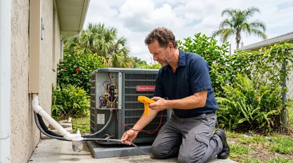 Technician checking outdoor condenser and condensate drain on a Bradenton home