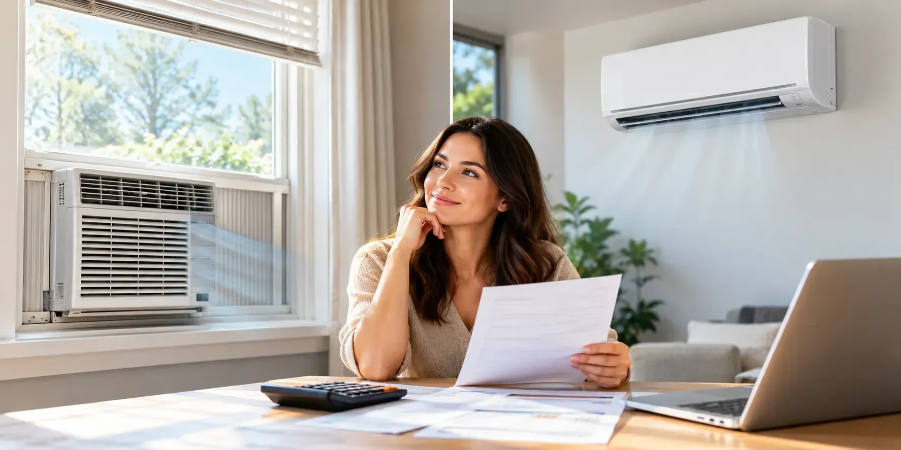 Window AC vs. ductless mini split in a modern home, illustrating energy efficiency and annual energy consumption comparison.