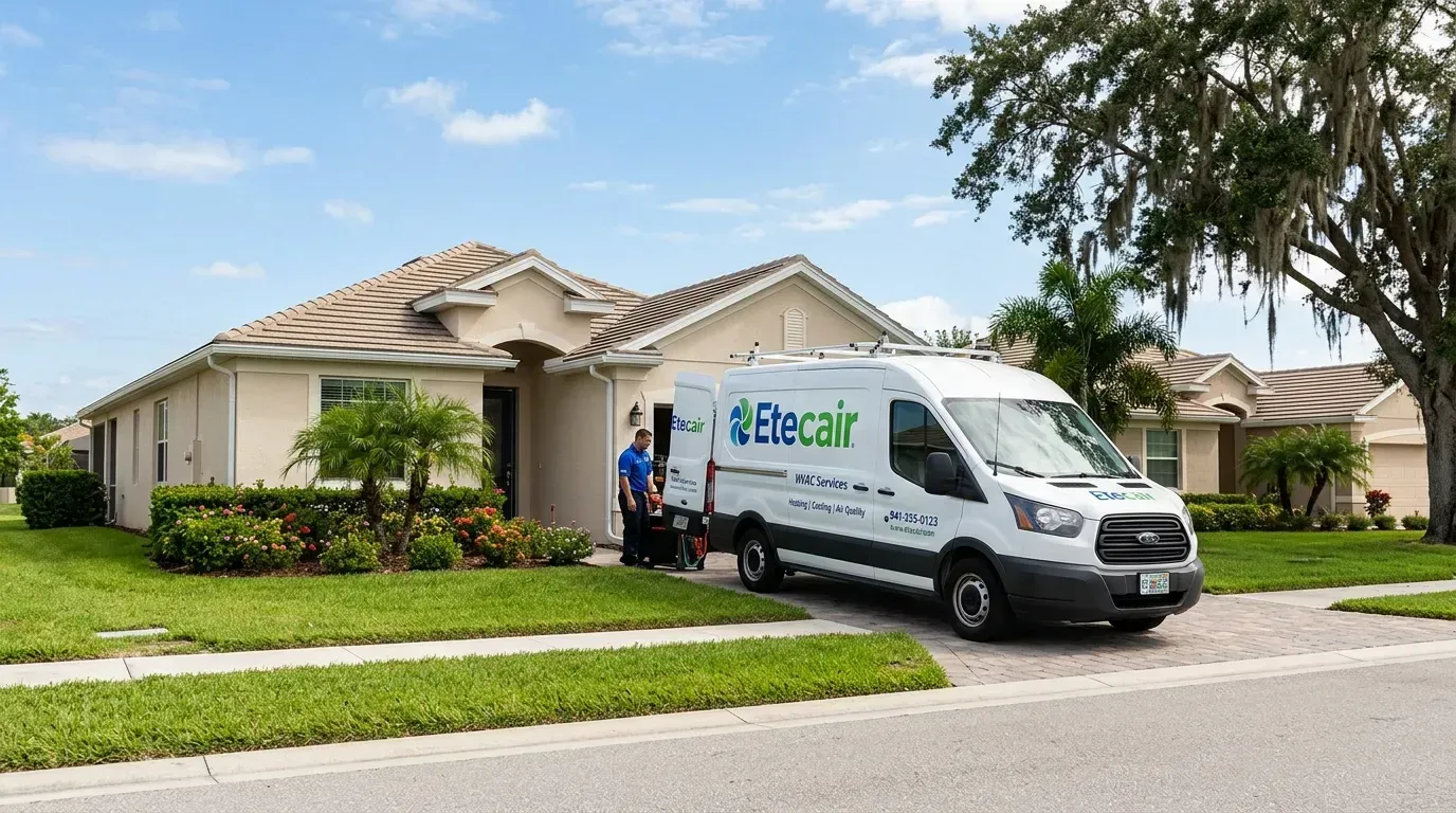 Etecair company service van parked in front of a beautiful residential home in Bradenton, Florida