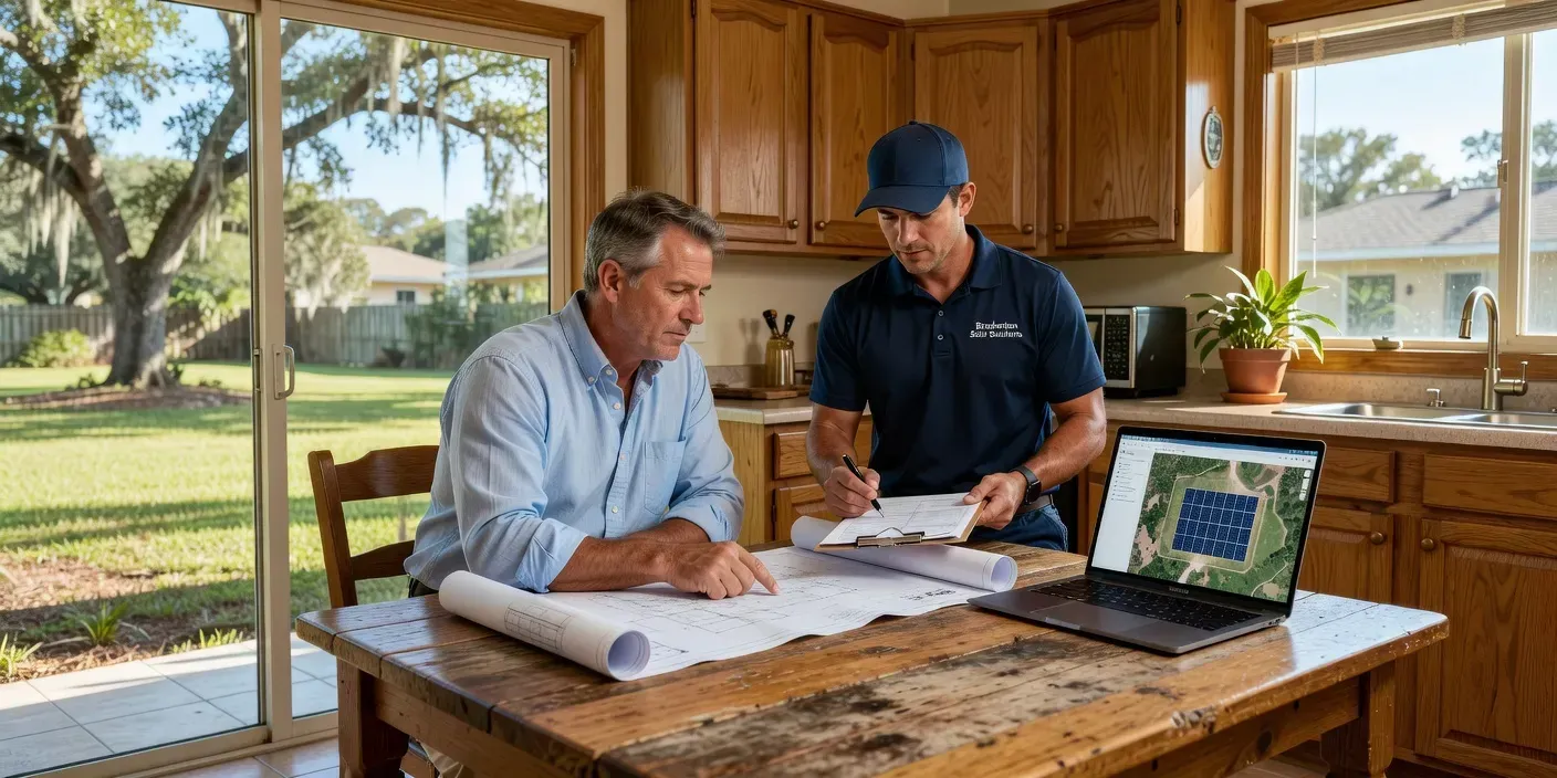 homeowner and installer reviewing paperwork at a kitchen table with a laptop open in a Bradenton ranch home
