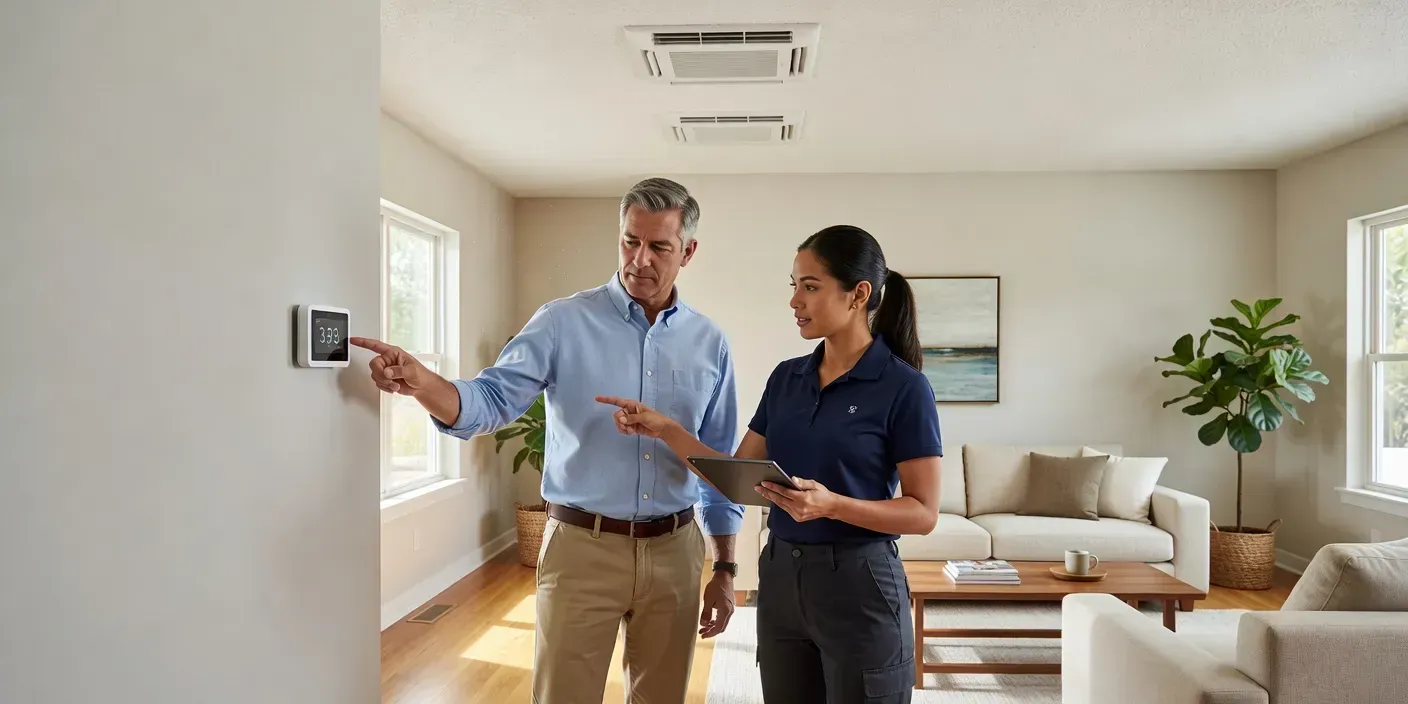 homeowner and technician reviewing thermostat settings in a bright Bradenton living room with ceiling vents visible
