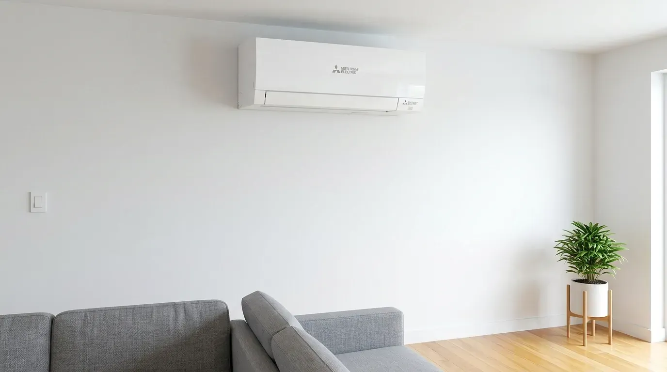 modern Mitsubishi ductless indoor unit mounted high on a clean, white living room wall