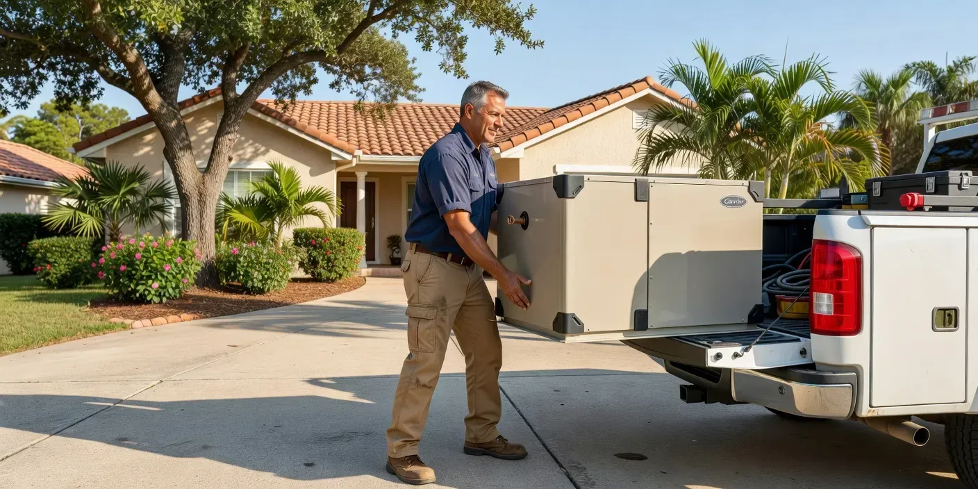 technician in a Bradenton driveway unloading a new air handler beside a single-family home on a clear morning
