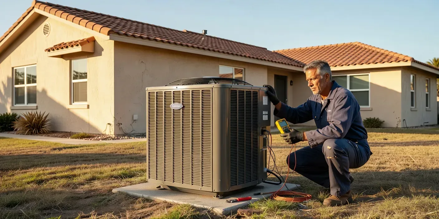technician inspecting a high-efficiency outdoor condenser beside a Bradenton stucco home on a clear afternoon
