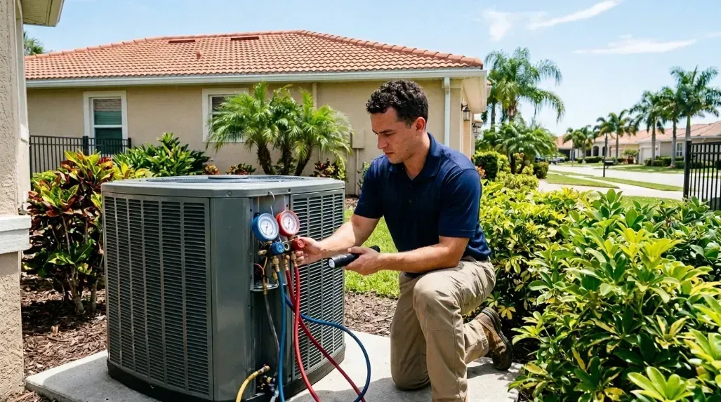 technician inspecting outdoor AC unit beside a Bradenton FL home on a sunny day