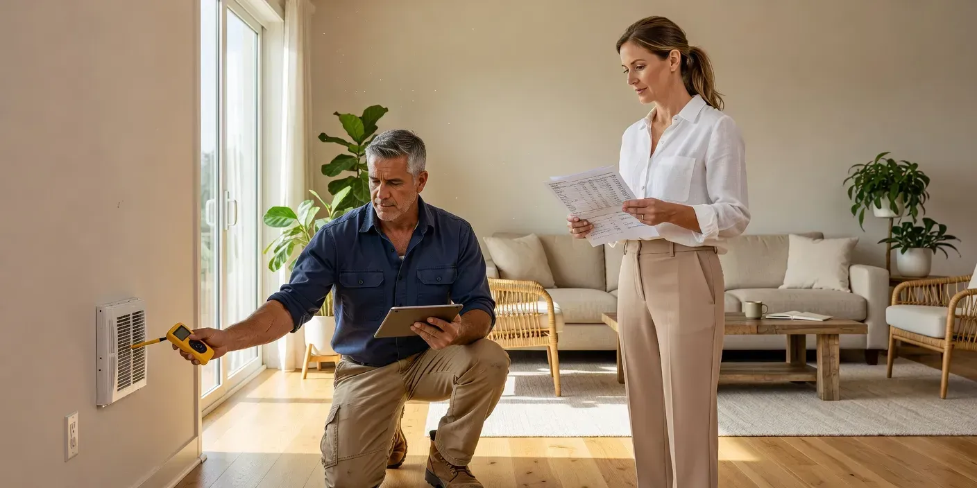 technician measuring supply registers in a sunlit Bradenton living room while a homeowner holds a printed load calculation
