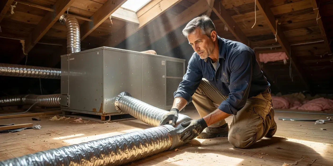 technician sealing flexible duct joints in a sunlit Bradenton attic near an air handler