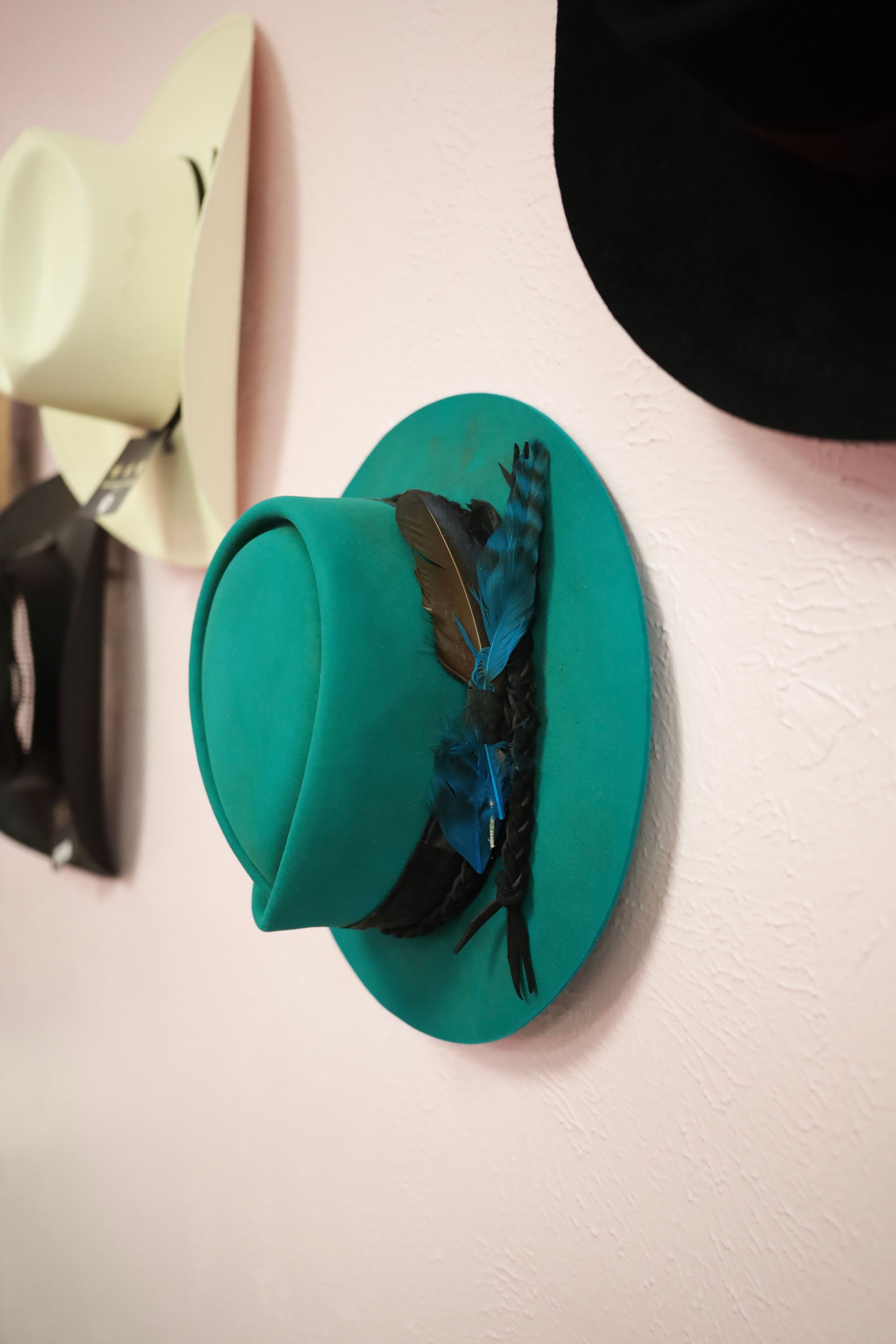 Butterfly mounted on a teal hat-shaped wall decoration on a pale pink wall
