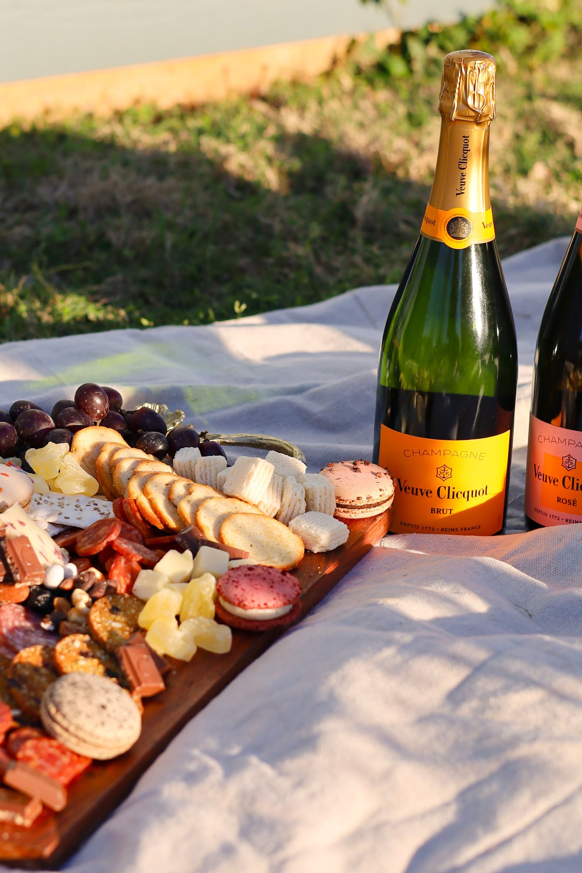 Champagne bottle and charcuterie board on a picnic blanket in sunlight